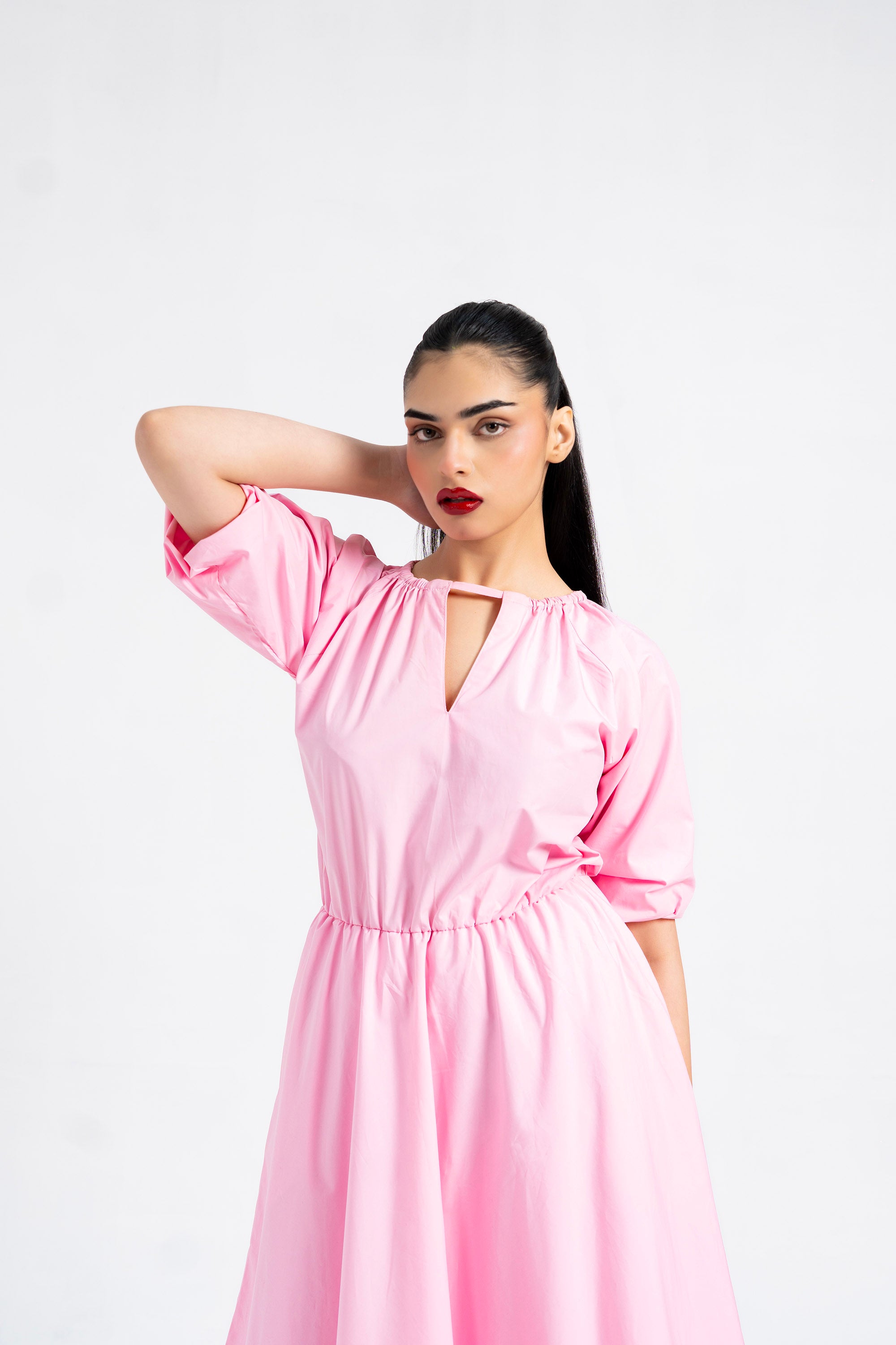 Puff Sleeve Cotton Bubble Hem Dress - Light Pink