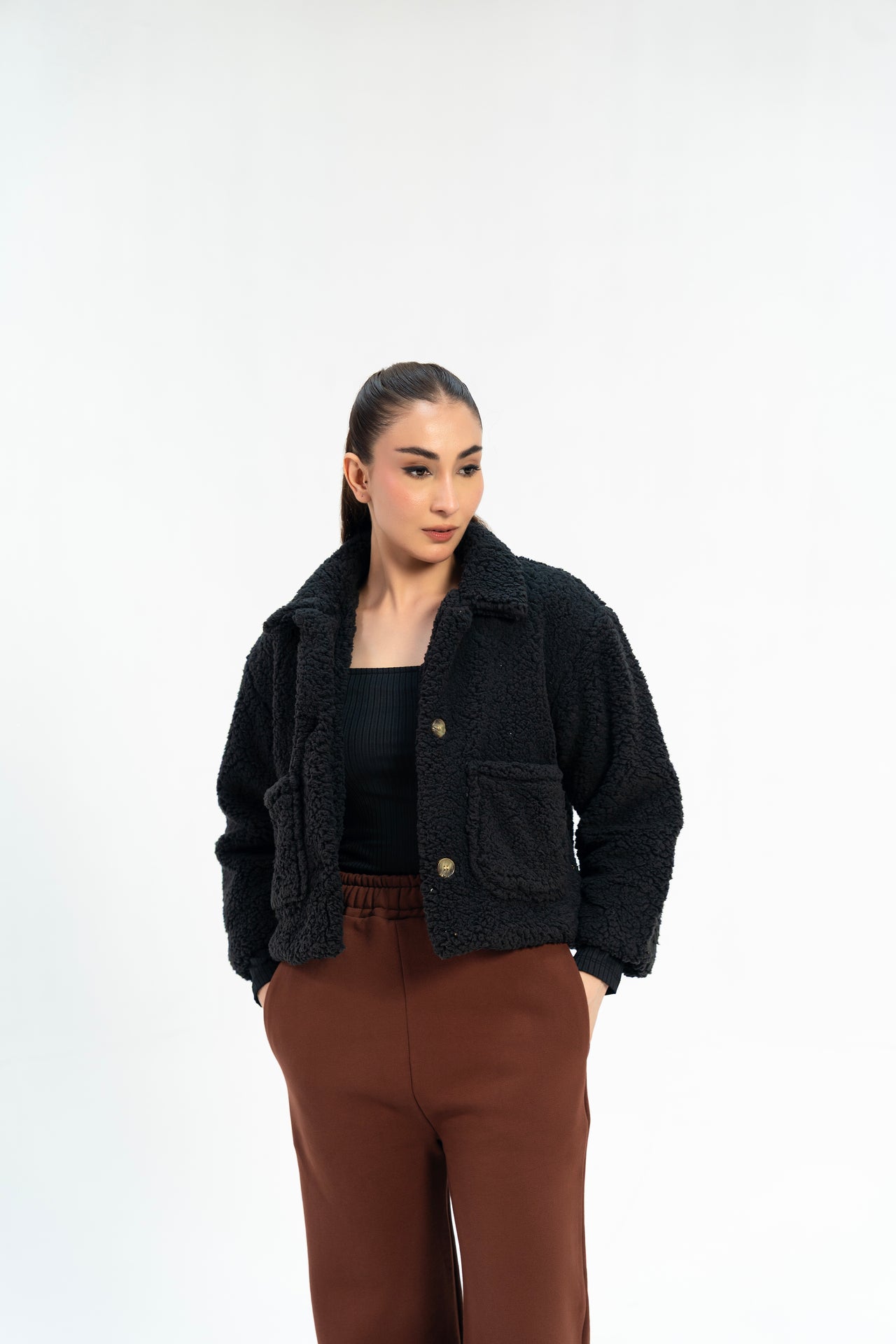 Cropped Sherpa Jacket with Patch Pockets - Black