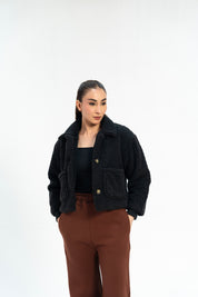 Cropped Sherpa Jacket with Patch Pockets - Black