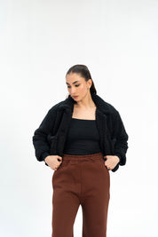 Cropped Sherpa Jacket with Patch Pockets - Black