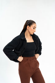 Cropped Sherpa Jacket with Patch Pockets - Black