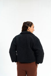 Cropped Sherpa Jacket with Patch Pockets - Black
