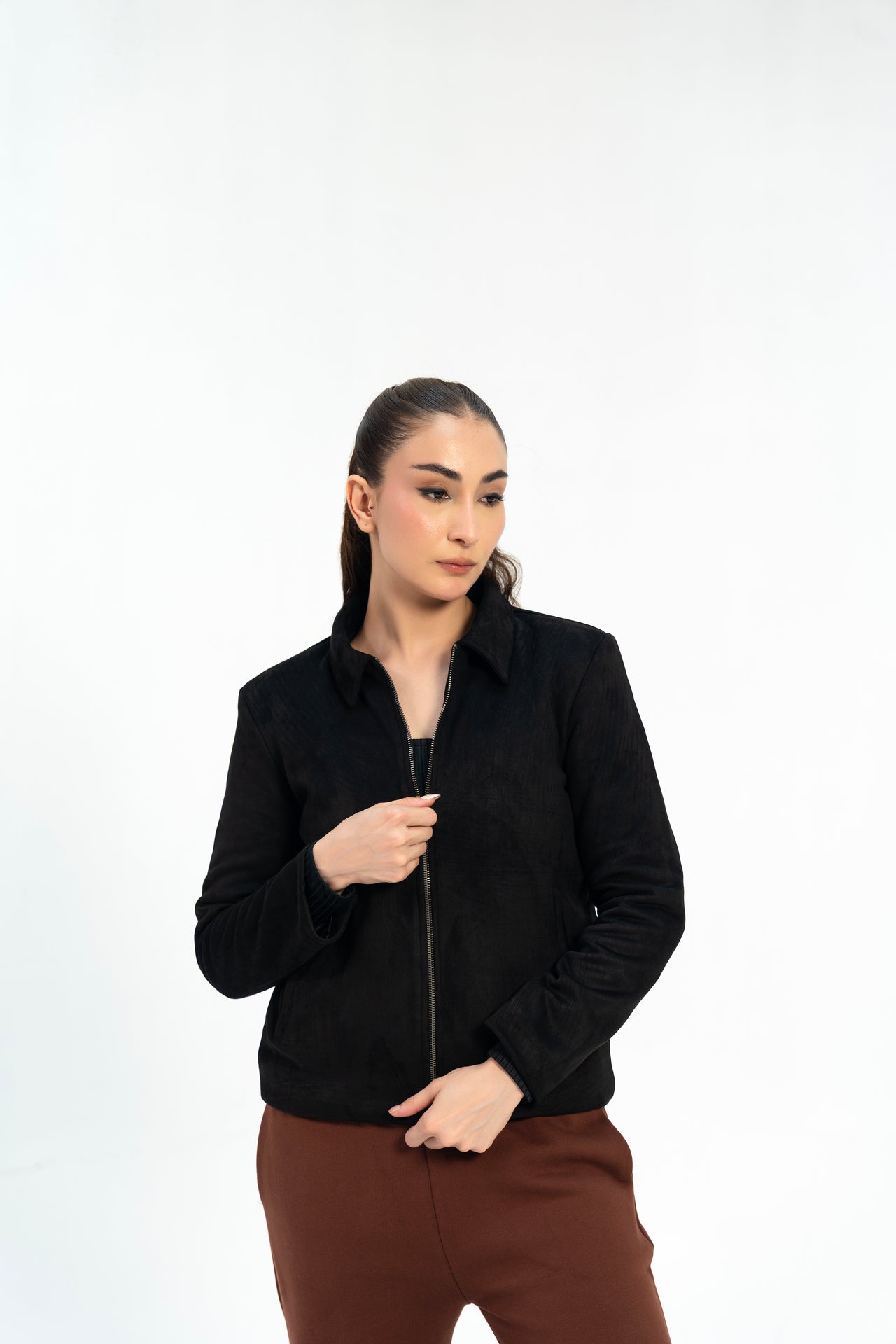 Suede Jacket with Zip - Black