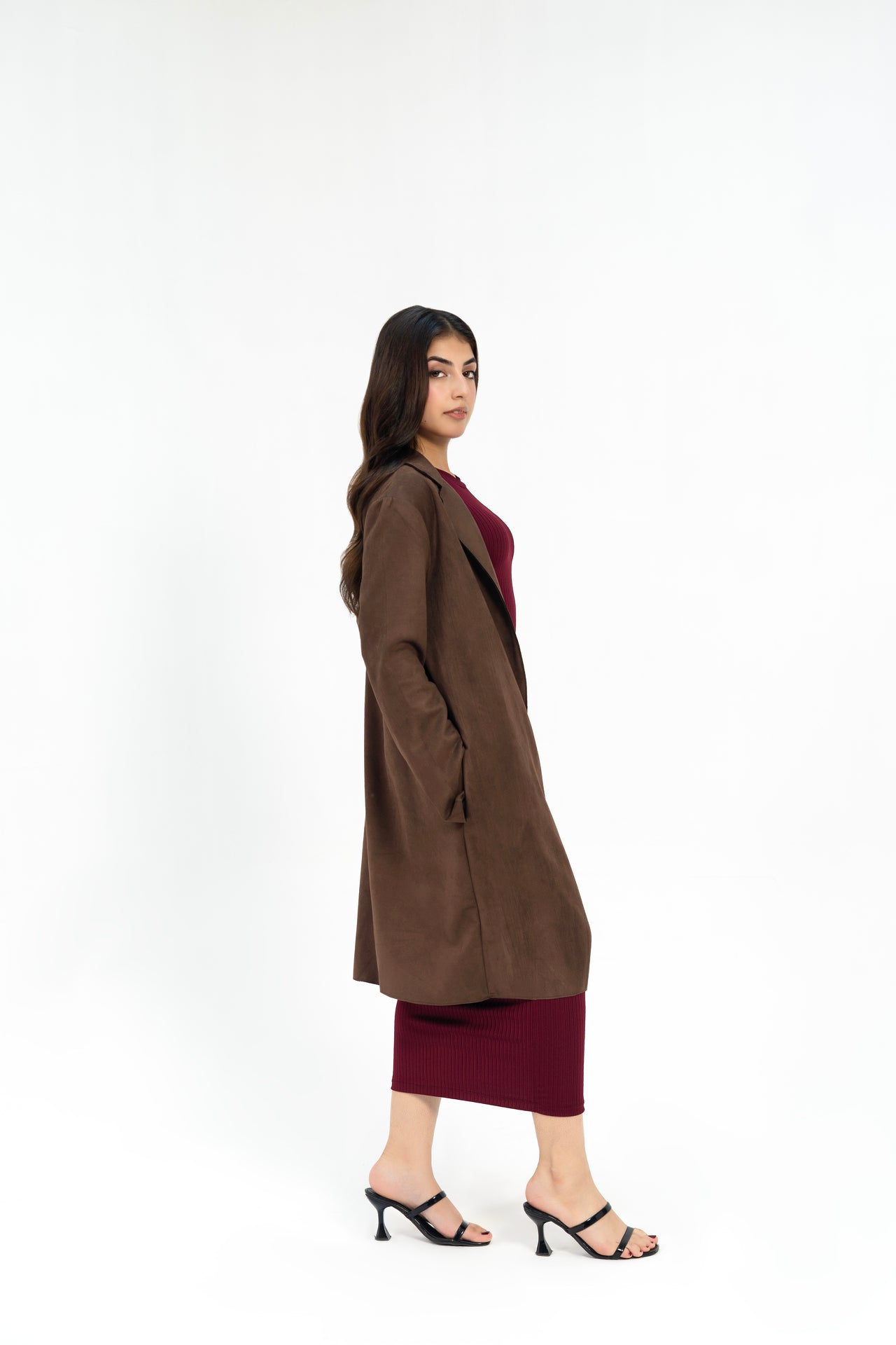 Open Front Suede Coat - Chocolate Brown