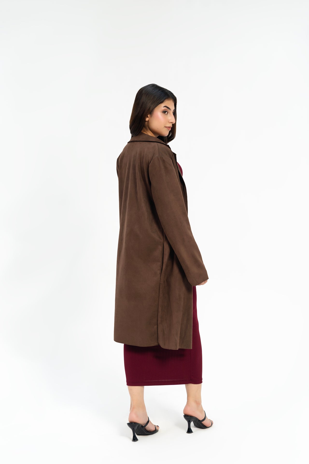 Open Front Suede Coat - Chocolate Brown