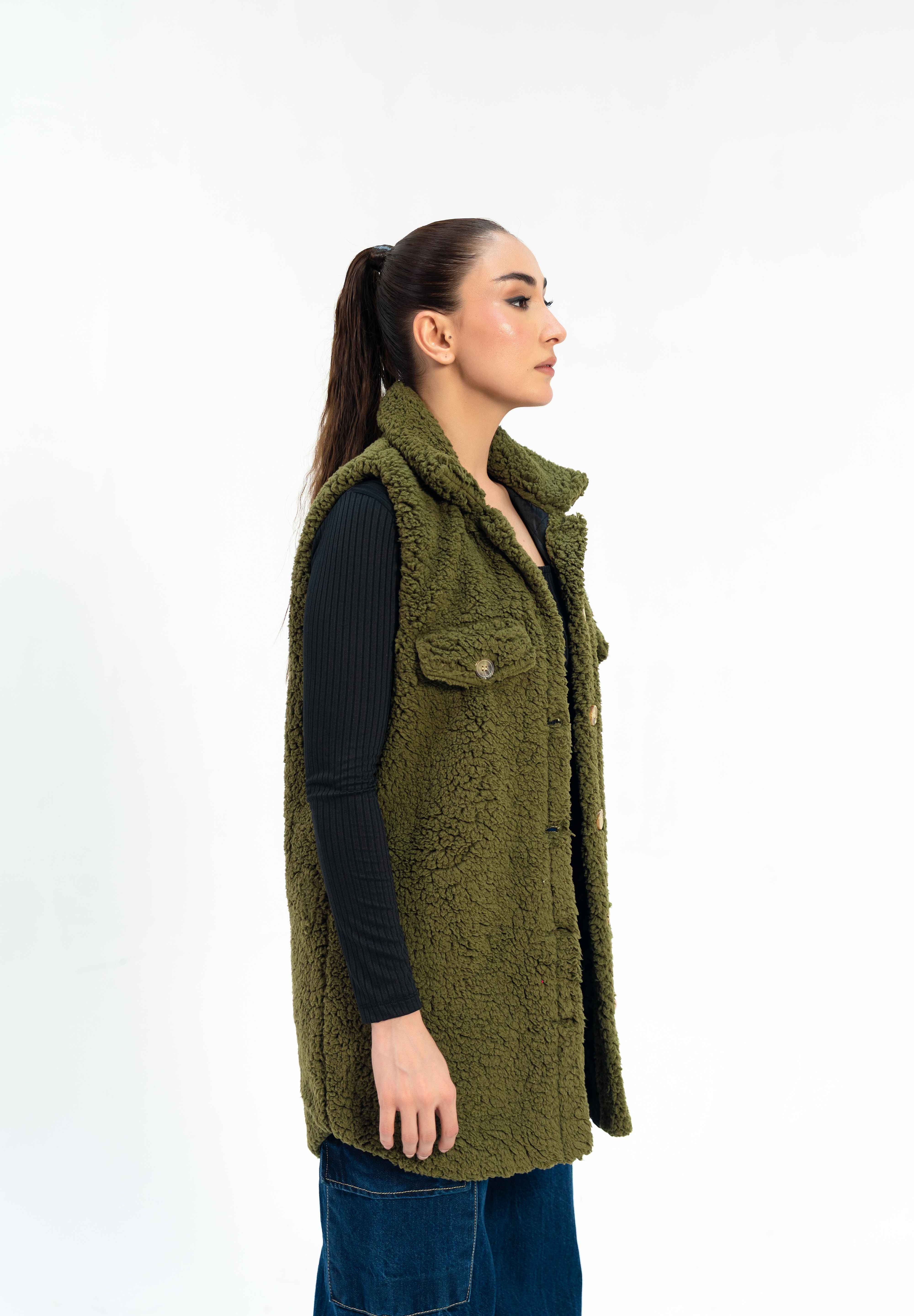 Sherpa Long Vest - Olive