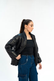 Faux Leather Puff Jacket - Black
