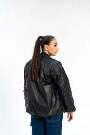 Faux Leather Puff Jacket - Black