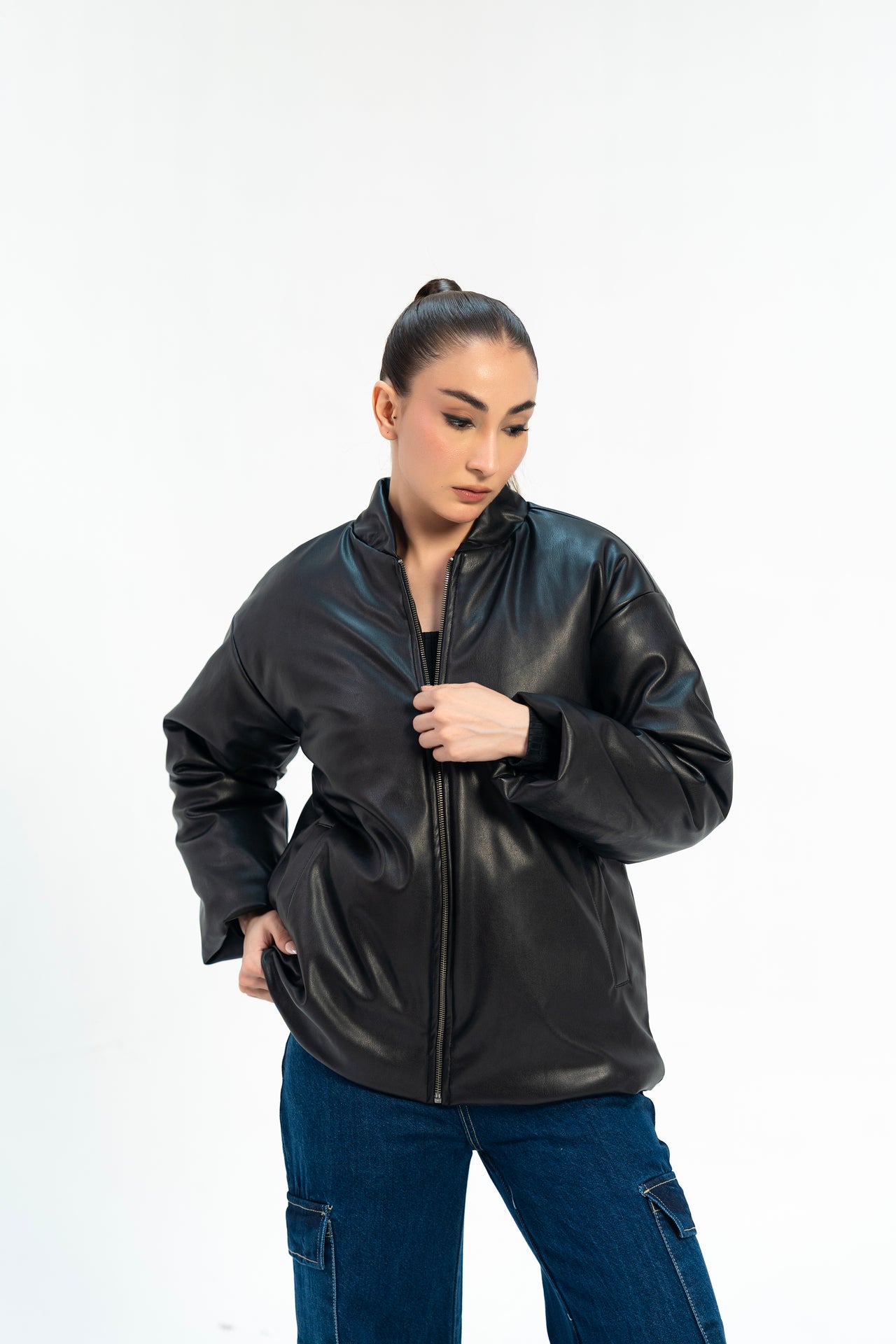 Faux Leather Puff Jacket - Black