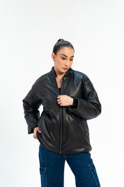 Faux Leather Puff Jacket - Black