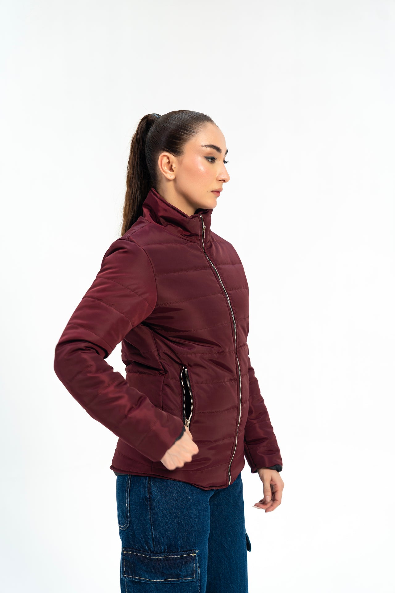 Puffer Jacket (curved hem) - Maroon