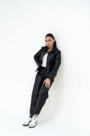 Leather Jacket with Patch Pocket - Black