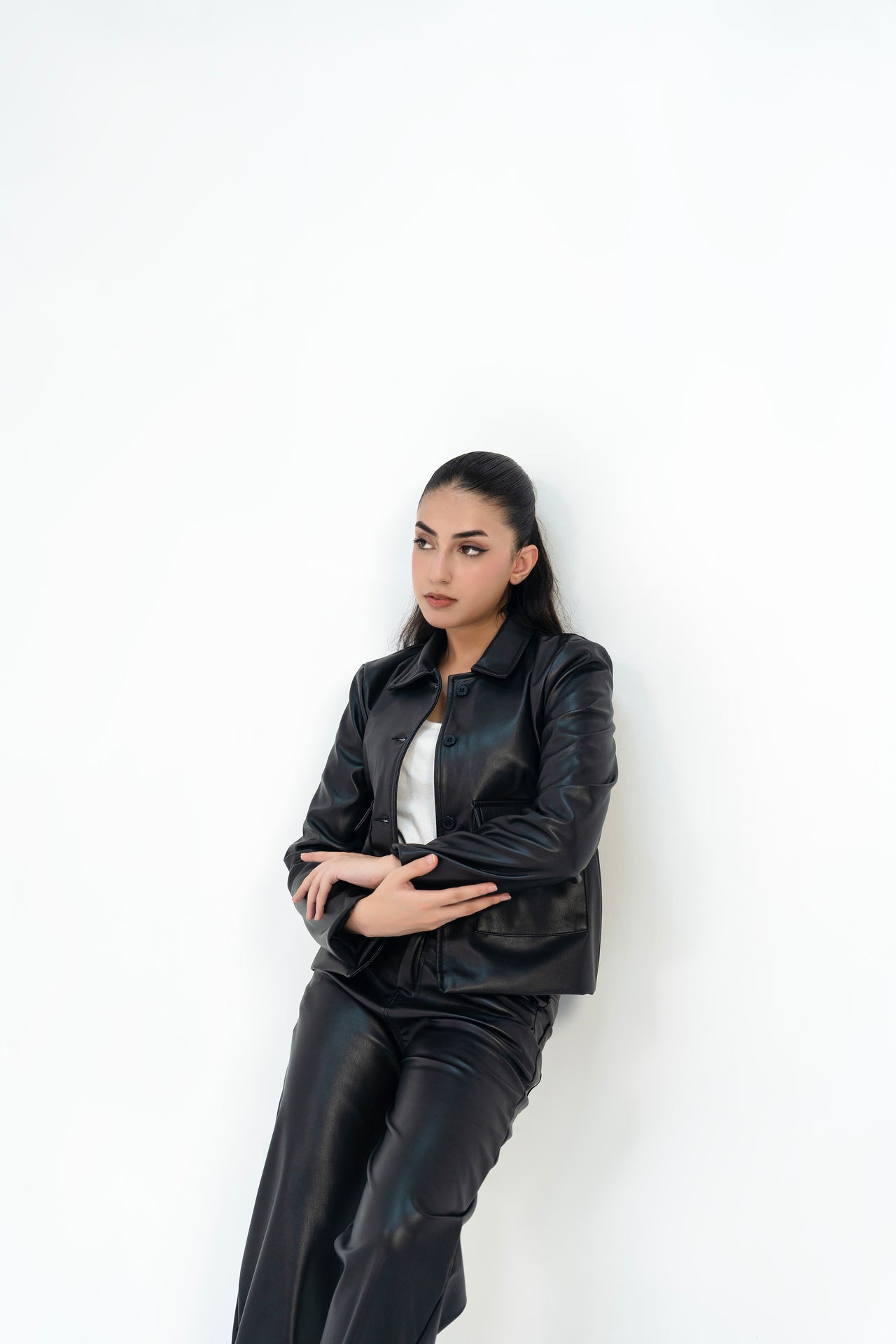 Leather Jacket with Patch Pocket - Black