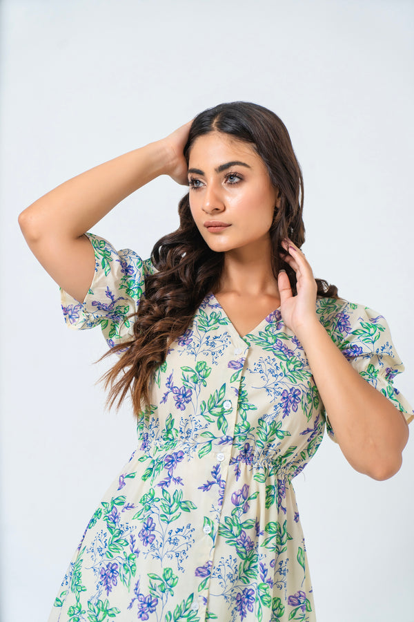Front Button Maxi Dress - Cream Floral