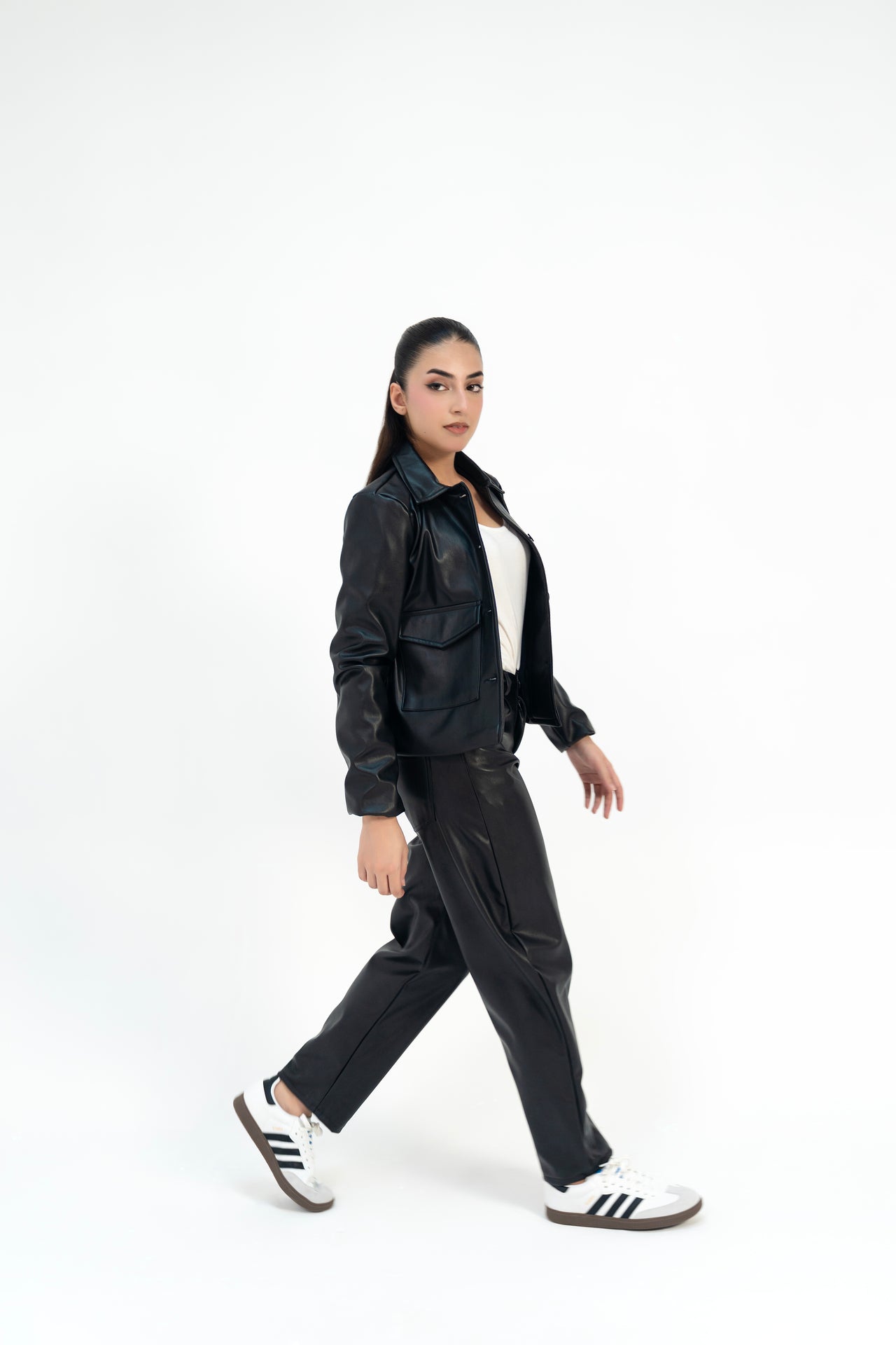 Leather Jacket with Patch Pocket - Black