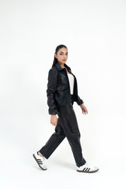 Leather Jacket with Patch Pocket - Black