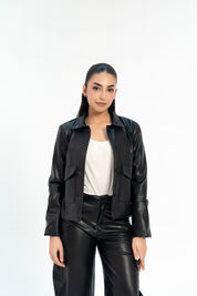 Leather Jacket with Patch Pocket - Black
