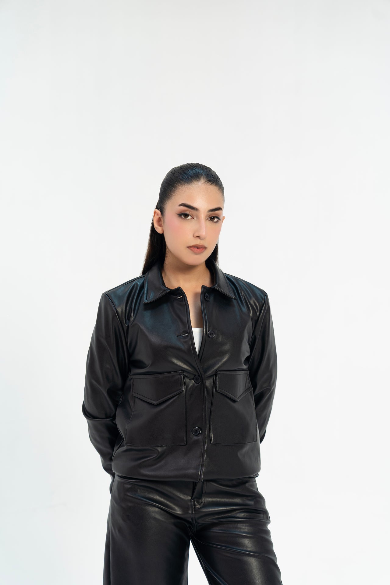 Leather Jacket with Patch Pocket - Black