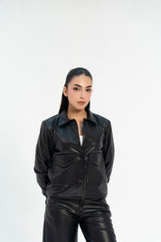 Leather Jacket with Patch Pocket - Black