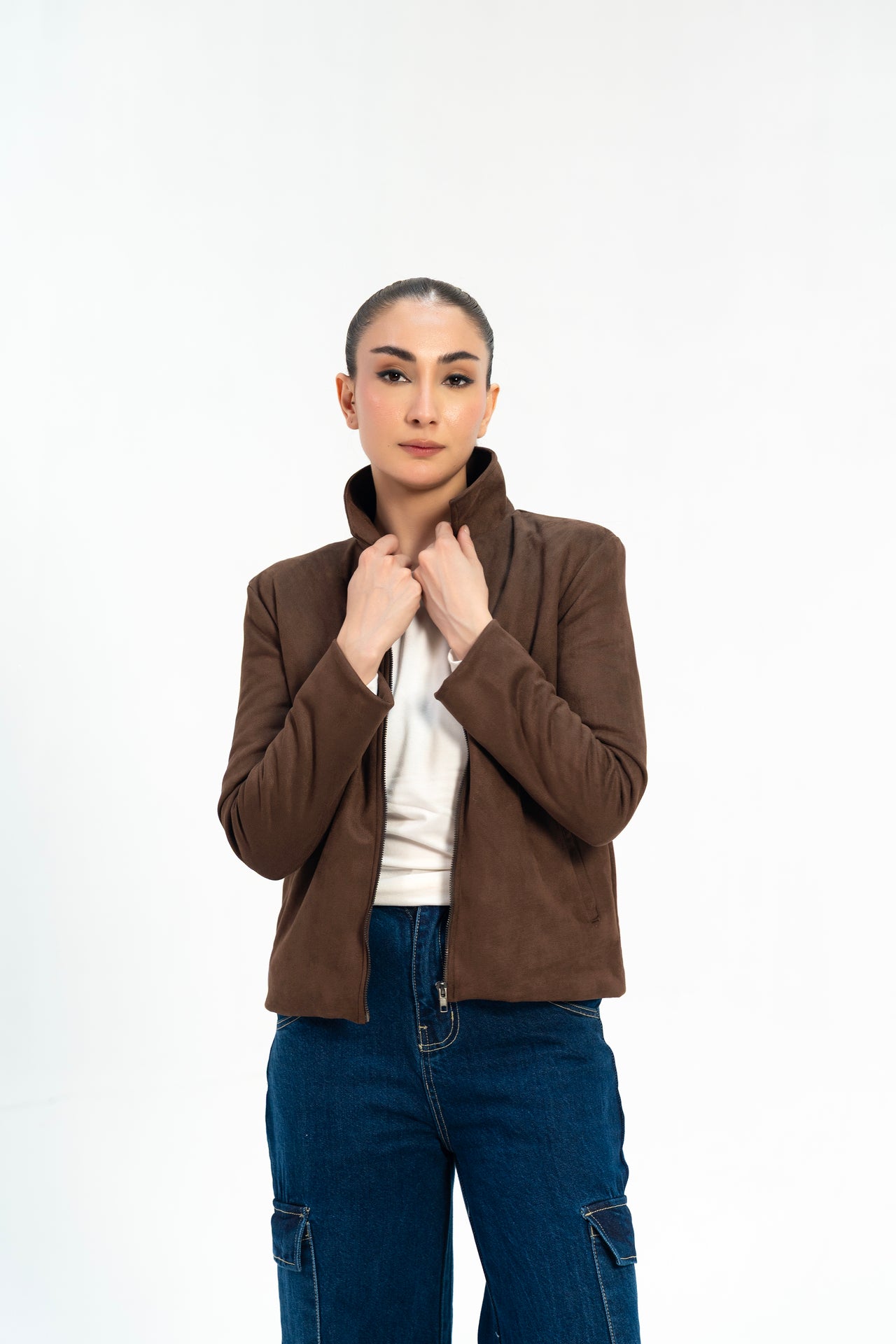 Suede Jacket with Zip - Chocolate Brown