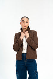 Suede Jacket with Zip - Chocolate Brown