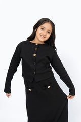 Girls Cropped Knit Top with Golden Button - Black