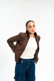 Suede Jacket with Zip - Chocolate Brown