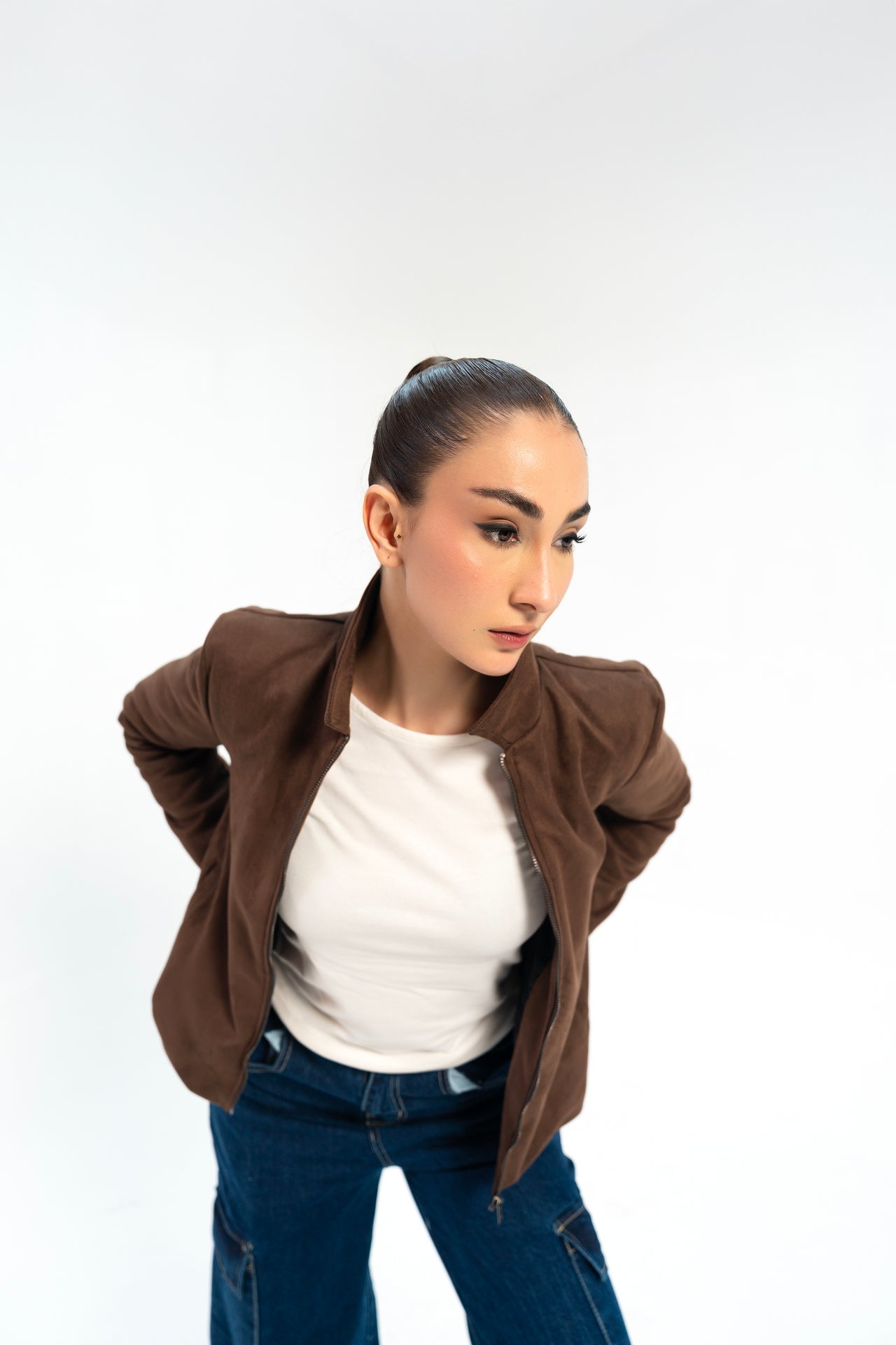 Suede Jacket with Zip - Chocolate Brown