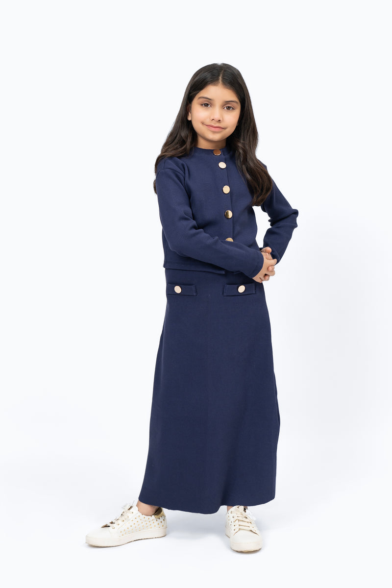 Girls Knit Skirt with Golden Button - Navy Blue