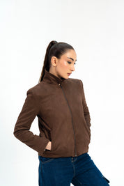 Suede Jacket with Zip - Chocolate Brown