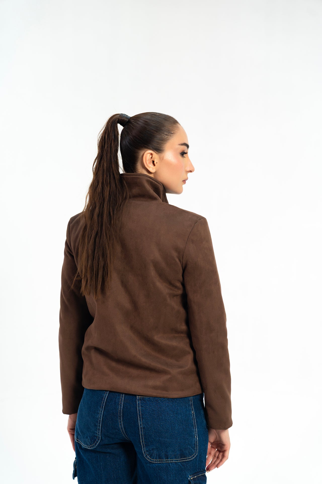 Suede Jacket with Zip - Chocolate Brown