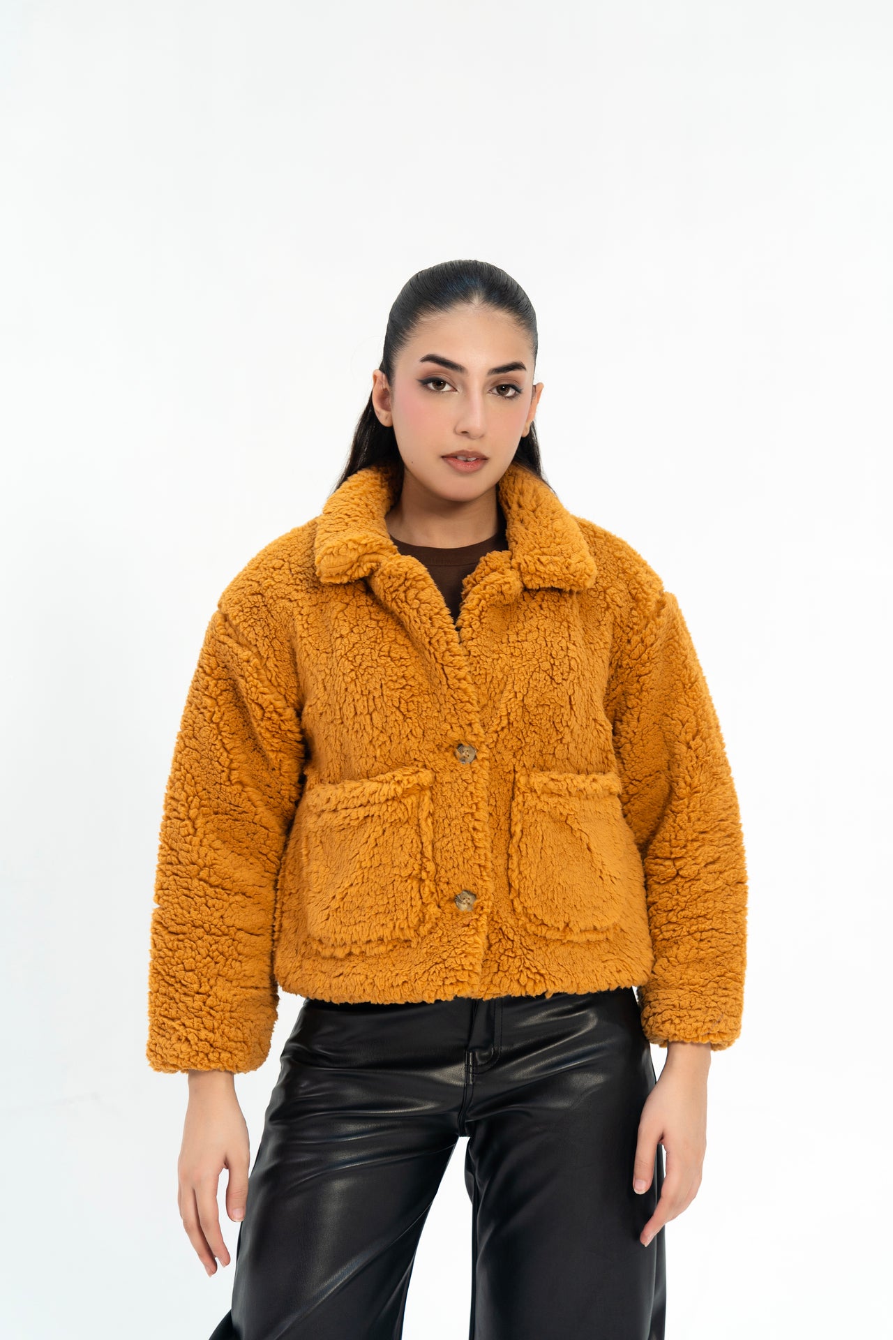 Cropped Sherpa Jacket with Patch Pockets - Camel