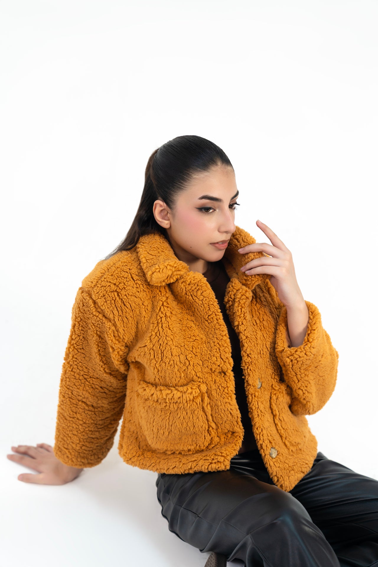 Cropped Sherpa Jacket with Patch Pockets - Camel