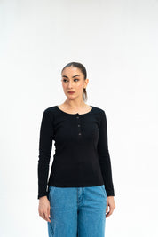 Long Sleeve Henley Top - Black
