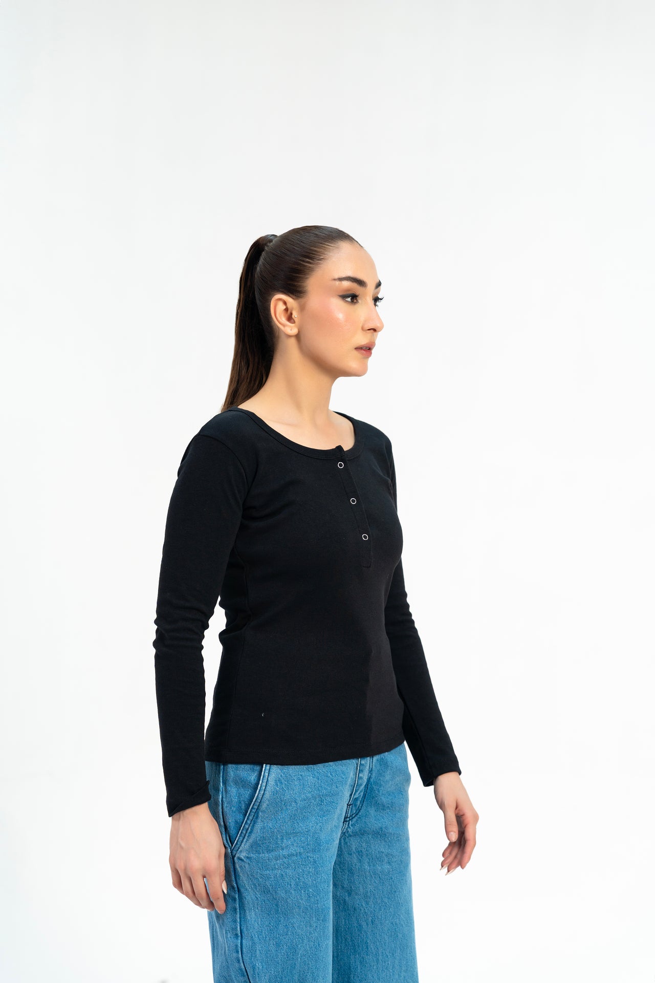Long Sleeve Henley Top - Black