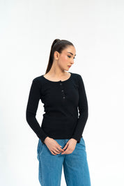 Long Sleeve Henley Top - Black