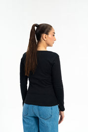 Long Sleeve Henley Top - Black