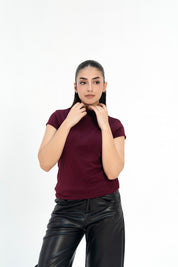 Rib High Neck Top - Burgundy