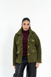 Sherpa Jacket with Button Detail - Olive