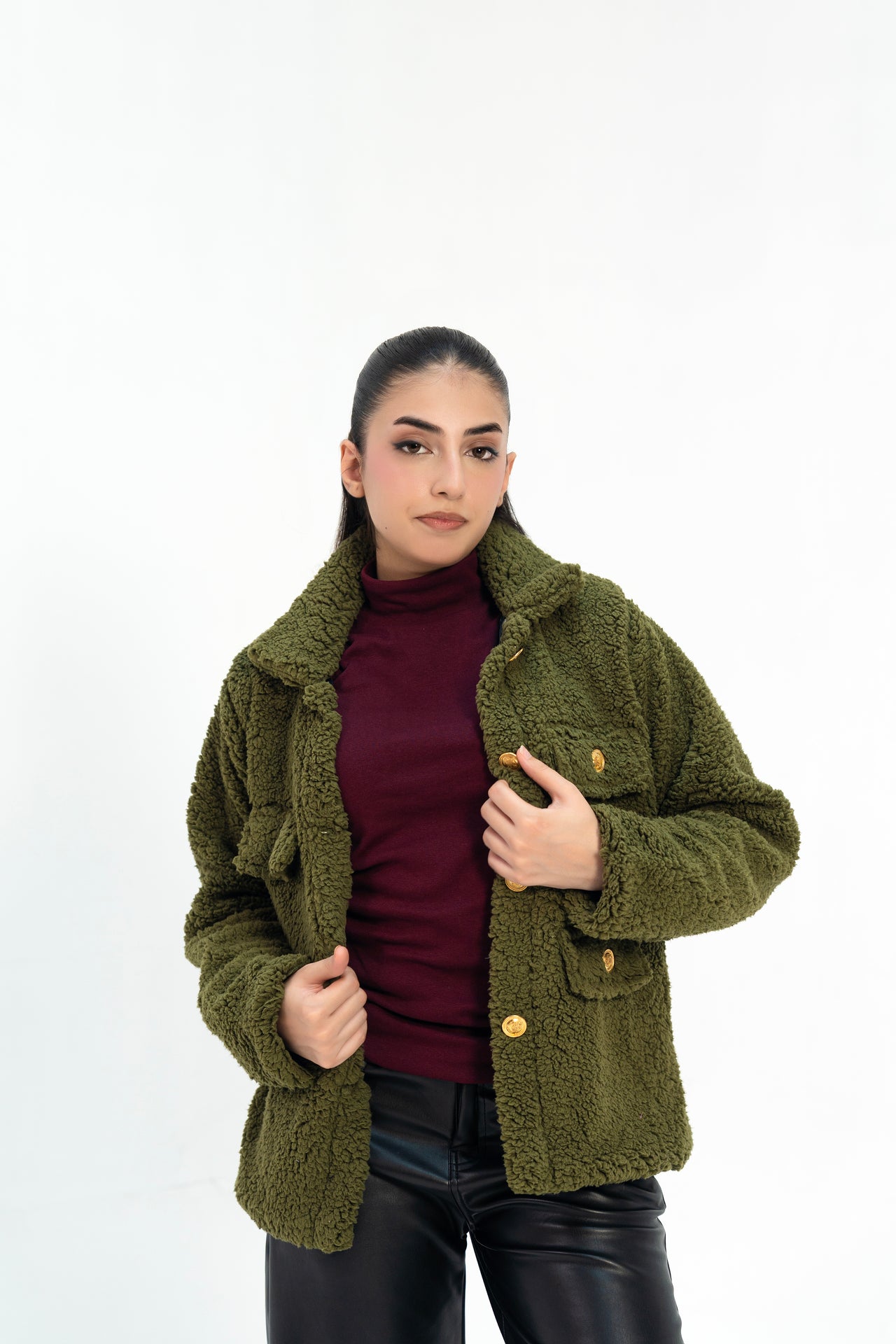 Sherpa Jacket with Button Detail - Olive