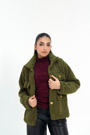 Sherpa Jacket with Button Detail - Olive