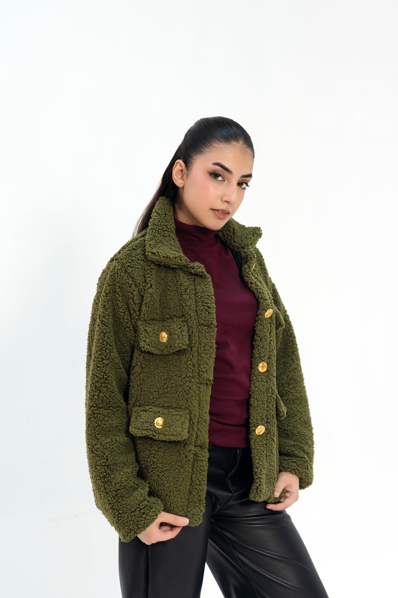 Sherpa Jacket with Button Detail - Olive