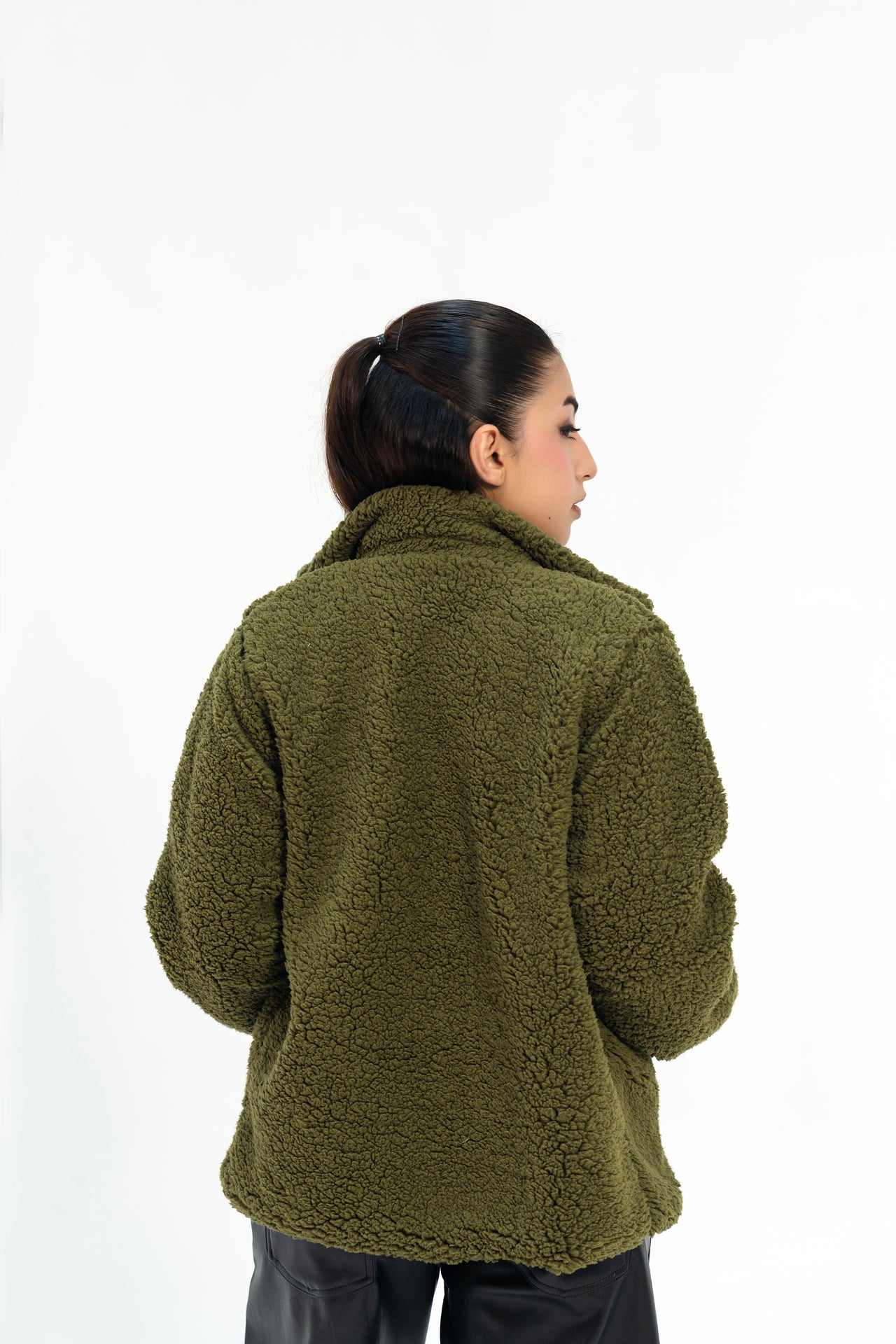 Sherpa Jacket with Button Detail - Olive