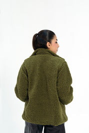 Sherpa Jacket with Button Detail - Olive