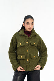 Sherpa Jacket with Button Detail - Olive