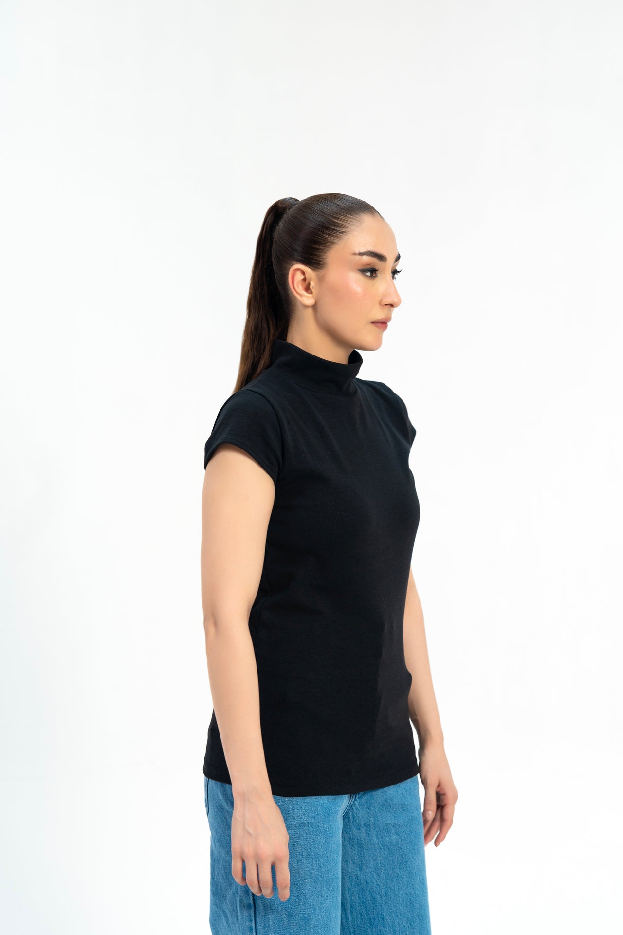 Rib High Neck Top - Black