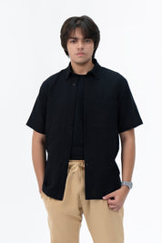 Men's Regular Fit Short Sleeved Linen Shirt - Black