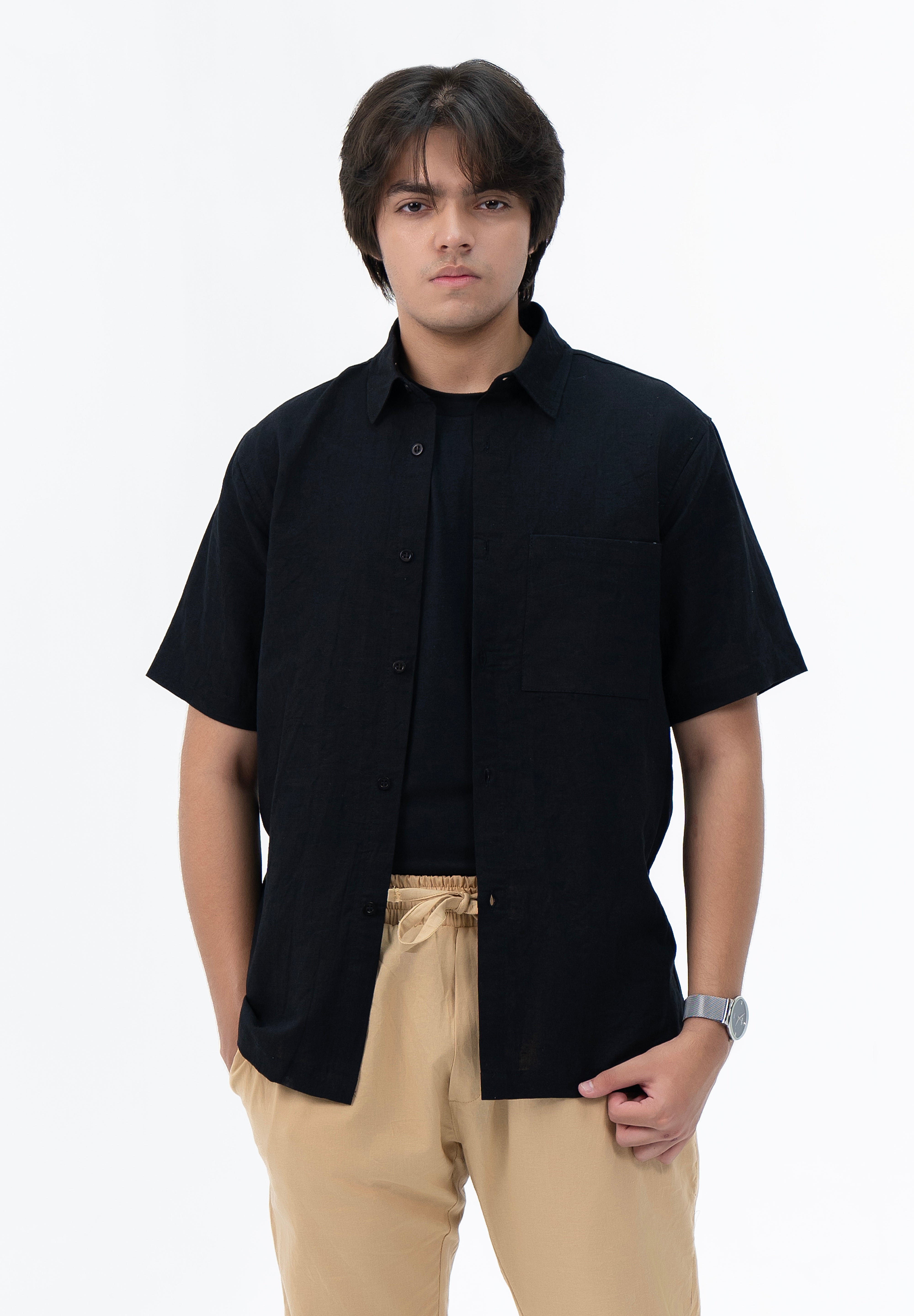 Men's Regular Fit Short Sleeved Linen Shirt - Black