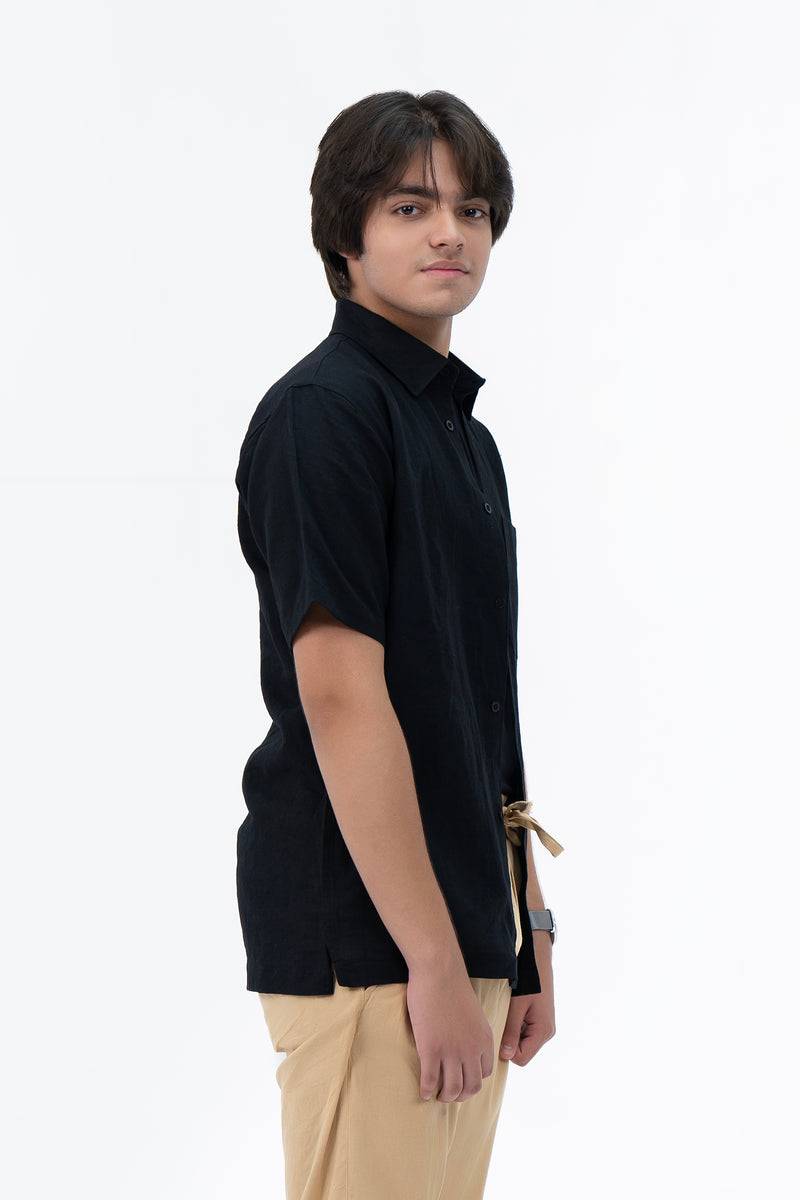 Men's Regular Fit Short Sleeved Linen Shirt - Black