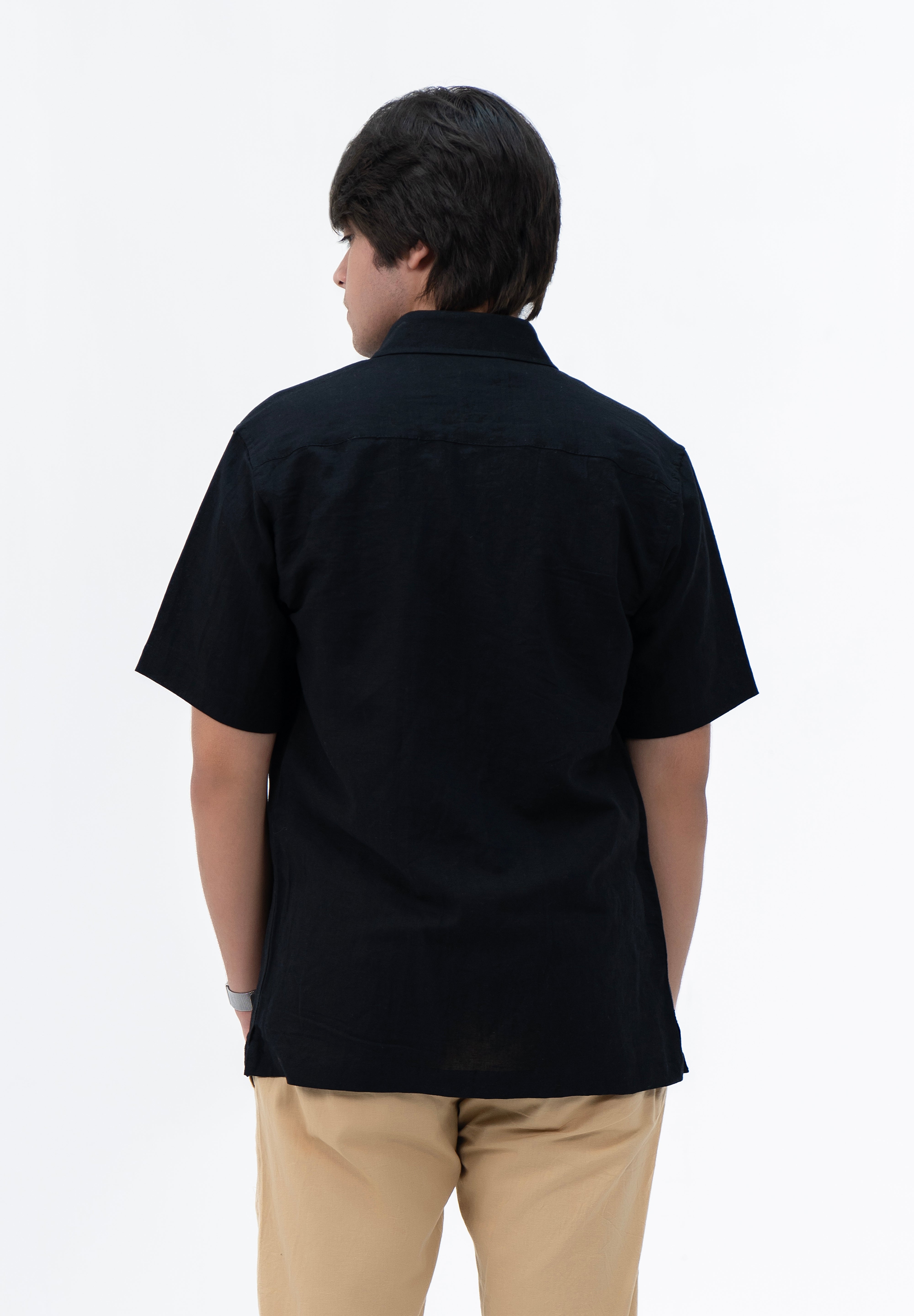 Men's Regular Fit Short Sleeved Linen Shirt - Black